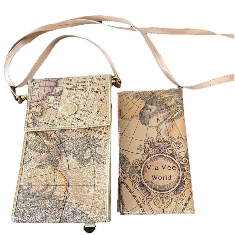 VIA VEE  World Map Faux Leather Bag Crossbody Small Travel Wallet 8”x 4.5”